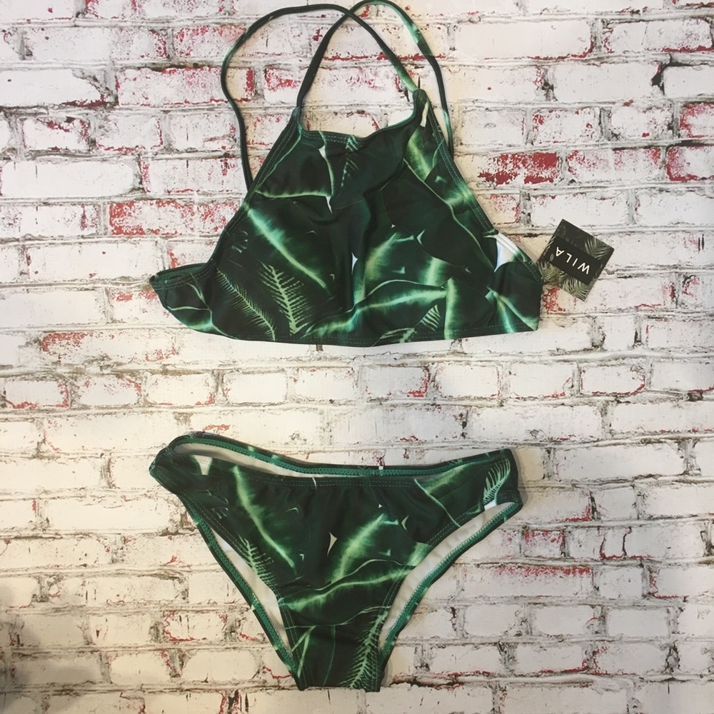 Tropical Leaf Print Green & White Bikini - Picture 1 of 5
